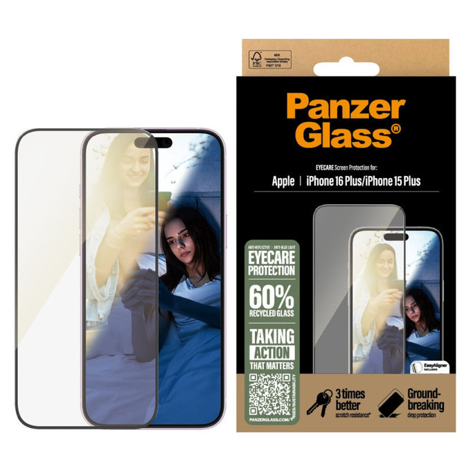 Sticlă securizată UWF Eyecare cu aplicator pentru iPhone 16 Plus/15 Plus, Negru, PanzerGlass