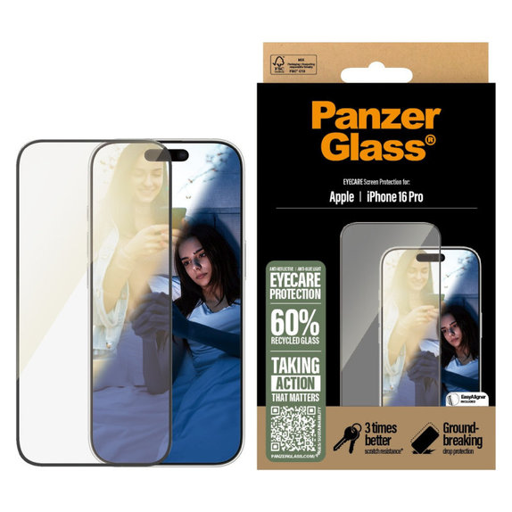 Sticlă securizată UWF Eyecare cu aplicator pentru iPhone 16 Pro, Negru, PanzerGlass