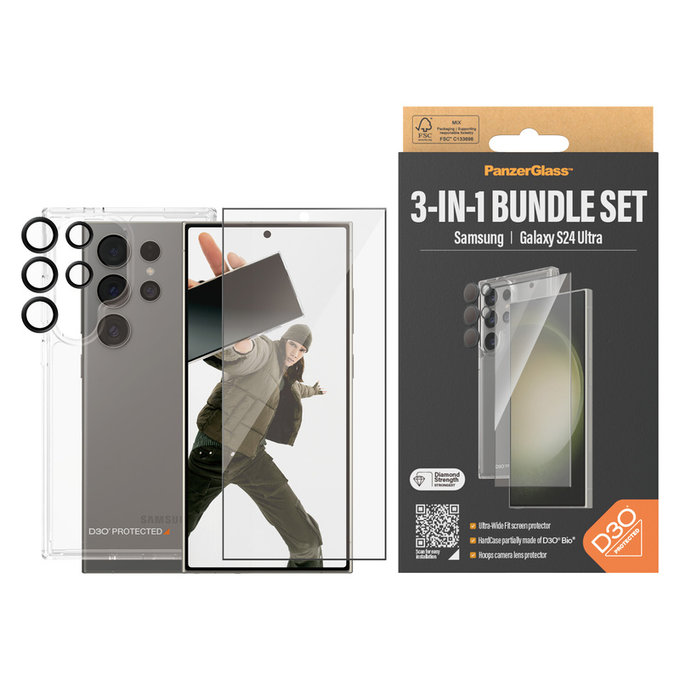 Bundle Hoops + Sticlă securizată UWF + Hard Case D3O pentru Samsung Galaxy S24 Ultra, PanzerGlass