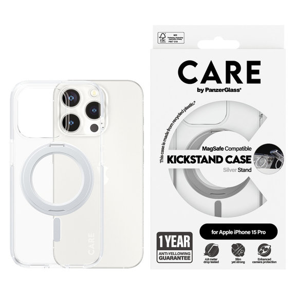 Caz Kickstand cu MagSAFE by PanzerGlass pentru iPhone 15 Pro, Argintiu, PanzerGlass