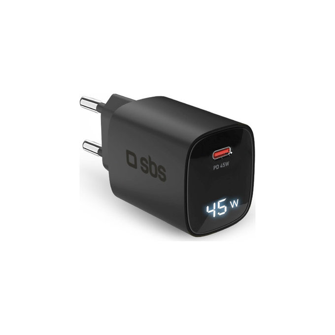 Adaptor de călătorie LCD USB-C, GaN, 45 W PD, negru, SBS