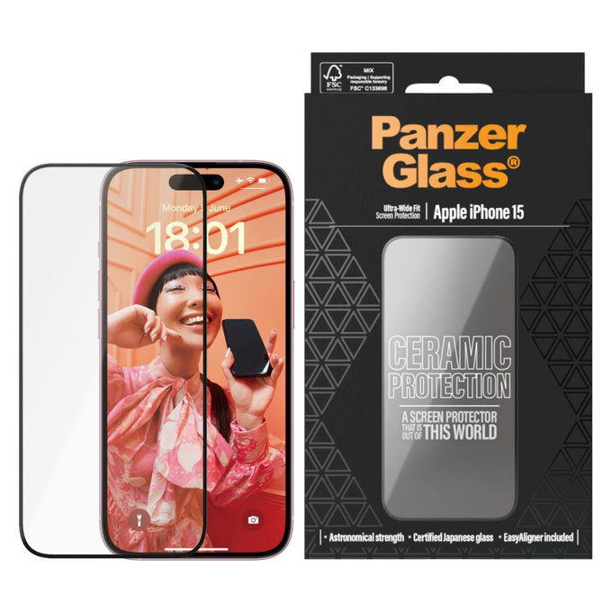 Sticlă securizată UWF Ceramic cu aplicator pentru iPhone 15, Negru, PanzerGlass