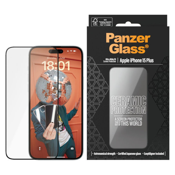 Sticlă securizată UWF Ceramic cu aplicator pentru iPhone 15 Plus, Negru, PanzerGlass