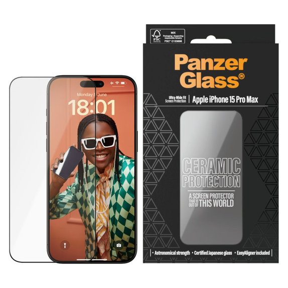 Sticlă securizată UWF Ceramic cu aplicator pentru iPhone 15 Pro Max, Negru, PanzerGlass