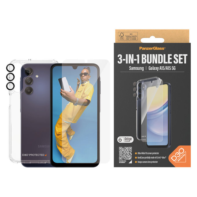 Bundle Hoops + Sticlă securizată UWF + Hard Case D3O pentru Samsung Galaxy A15/A15 5G, PanzerGlass