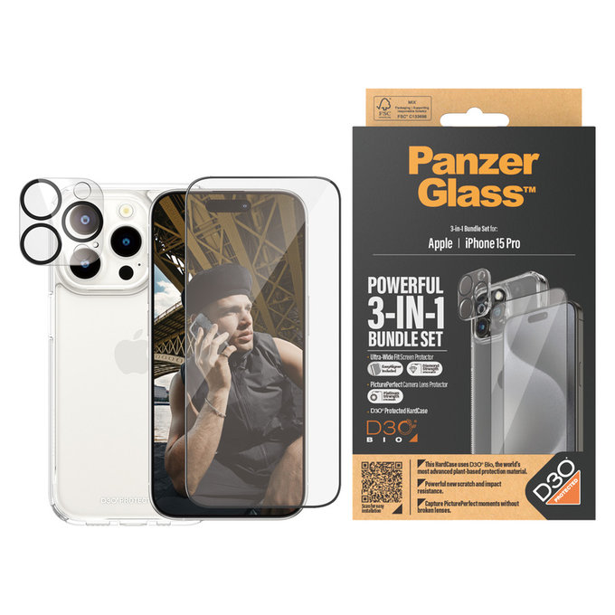 Bundle PicturePerfect + Sticlă securizată UWF + Hard Case D3O pentru iPhone 15 Pro, PanzerGlass