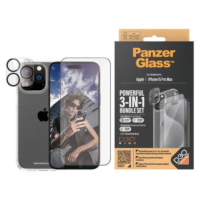 Bundle PicturePerfect + Sticlă securizată UWF + Hard Case D3O pentru iPhone 15 Pro Max, PanzerGlass
