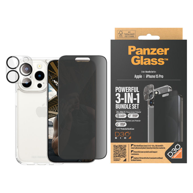 Bundle PicturePerfect + Sticlă securizată UWF Privacy + Hard Case D3O pentru iPhone 15 Pro, PanzerGlass