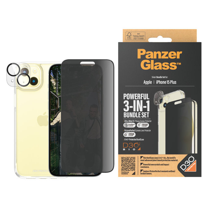 Bundle PicturePerfect + Sticlă securizată UWF Privacy + Hard Case D3O pentru iPhone 15 Plus, PanzerGlass