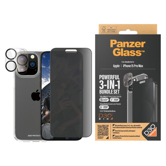 Bundle PicturePerfect + Sticlă securizată UWF Privacy + Hard Case D3O pentru iPhone 15 Pro Max, PanzerGlass