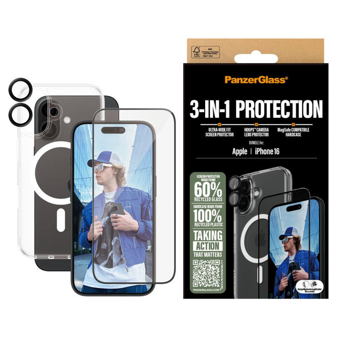 Bundle 3 în 1 Hoops + Sticlă securizată UWF + Hard Case pentru iPhone 16, PanzerGlass