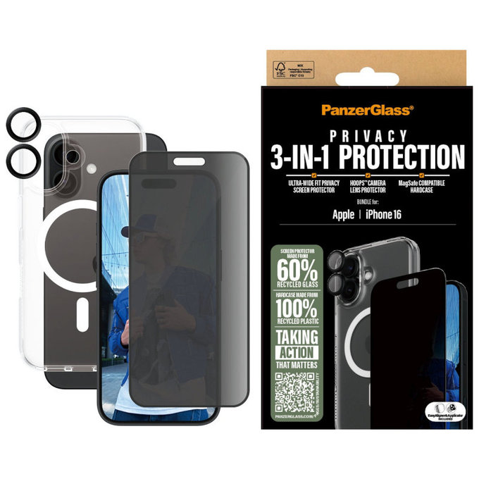 Bundle Hoops + Sticlă securizată UWF Privacy + Hard Case pentru iPhone 16, PanzerGlass