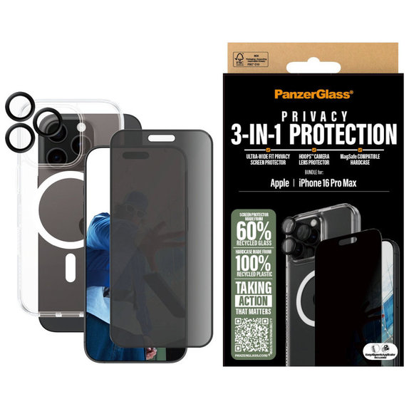 Bundle Hoops + Sticlă securizată UWF Privacy + Hard Case pentru iPhone 16 Pro Max, PanzerGlass