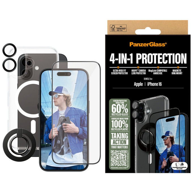 Bundle Hoops + Sticlă securizată UWF + Hard Case + Magnetic Ring Mount pentru iPhone 16, PanzerGlass