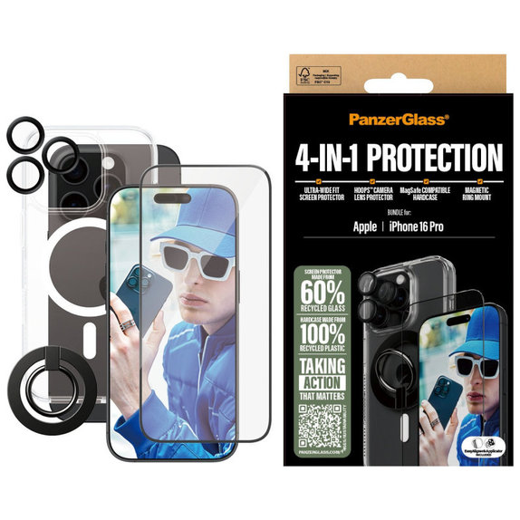 Bundle Hoops + Sticlă securizată UWF + Hard Case + Magnetic Ring Mount pentru iPhone 16 Pro, PanzerGlass