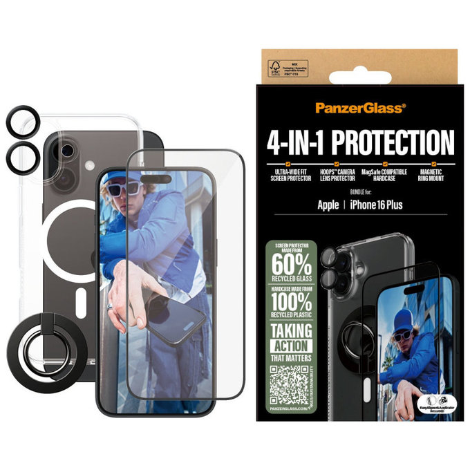 Bundle Hoops + Sticlă securizată UWF + Hard Case + Magnetic Ring Mount pentru iPhone 16 Plus, PanzerGlass