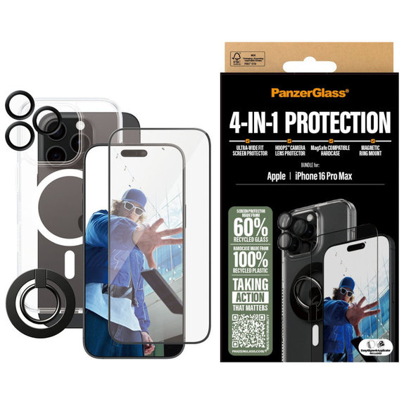 Bundle Hoops + Sticlă securizată UWF + Hard Case + Magnetic Ring Mount pentru iPhone 16 Pro Max, PanzerGlass