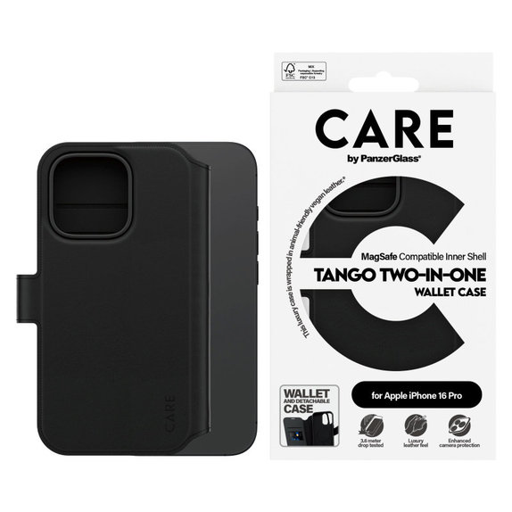 Husă Wallet Tango Two-In-One cu MagSafe pentru iPhone 16 Pro, Negru, CARE