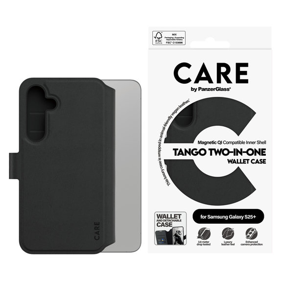 Caz Wallet Tango Two-In-One cu QI pentru Samsung Galaxy S25+, Negru, PanzerGlass