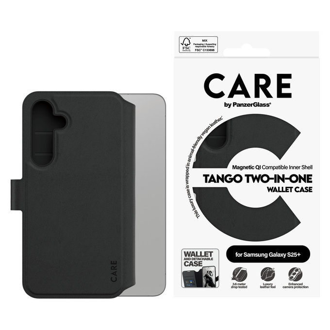 Caz Wallet Tango Two-In-One cu QI pentru Samsung Galaxy S25+, Negru, PanzerGlass