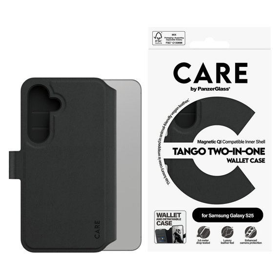 Caz Wallet Tango Two-In-One cu QI pentru Samsung Galaxy S25, Negru, PanzerGlass