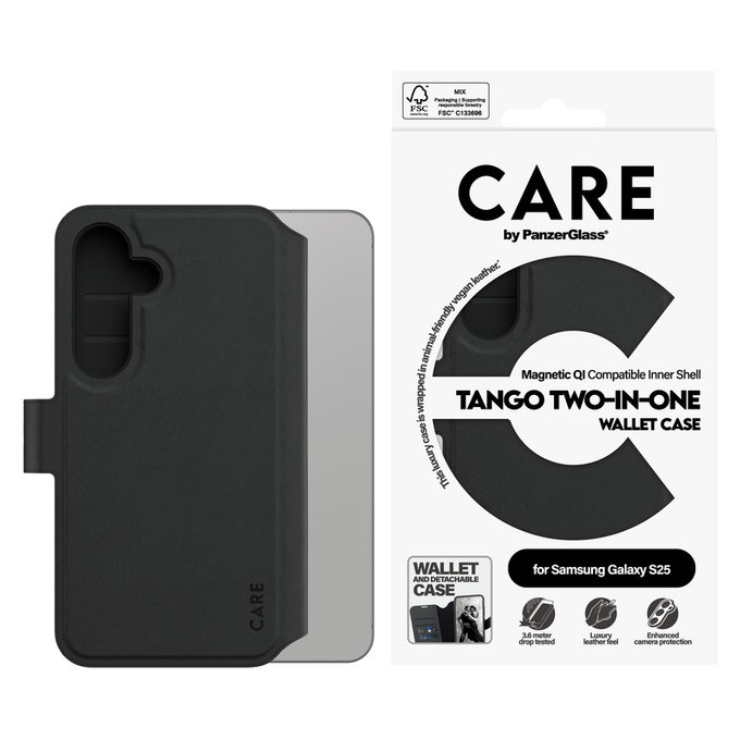 Caz Wallet Tango Two-In-One cu QI pentru Samsung Galaxy S25, Negru, PanzerGlass