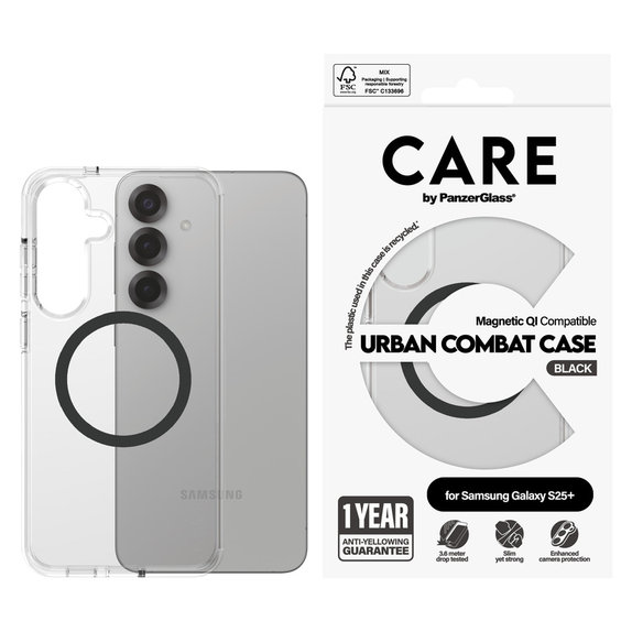 Caz Urban Combat cu QI negru pentru Samsung Galaxy S25+, Transparent, PanzerGlass