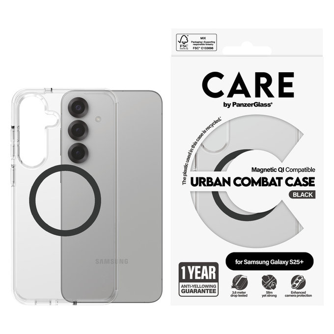 Caz Urban Combat cu QI negru pentru Samsung Galaxy S25+, Transparent, PanzerGlass