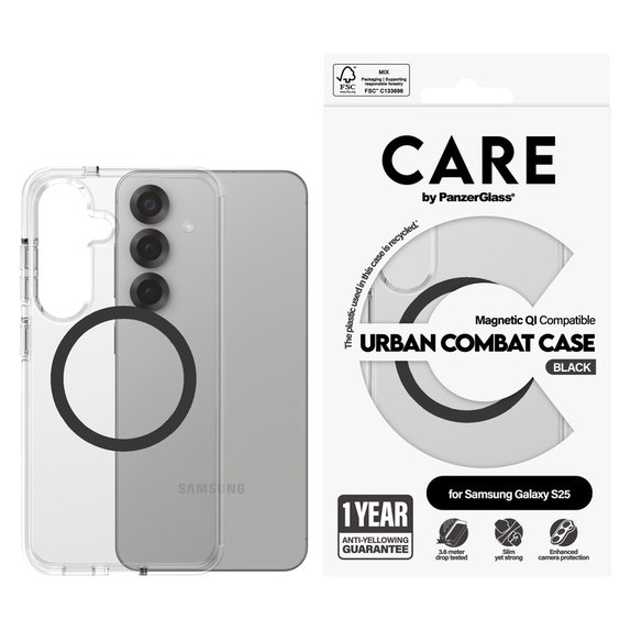 Caz Urban Combat cu QI negru pentru Samsung Galaxy S25, Transparent, PanzerGlass
