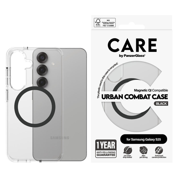 Caz Urban Combat cu QI negru pentru Samsung Galaxy S25, Transparent, PanzerGlass