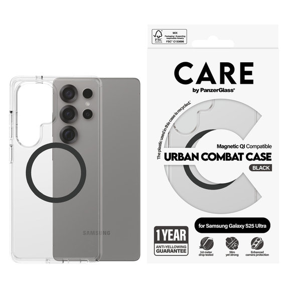 Caz Urban Combat cu QI negru pentru Samsung Galaxy S25 Ultra, Transparent, PanzerGlass
