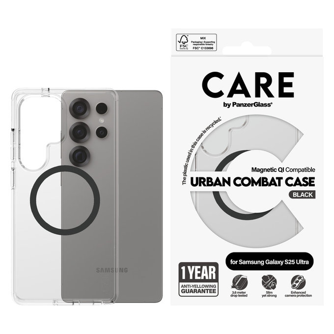 Caz Urban Combat cu QI negru pentru Samsung Galaxy S25 Ultra, Transparent, PanzerGlass