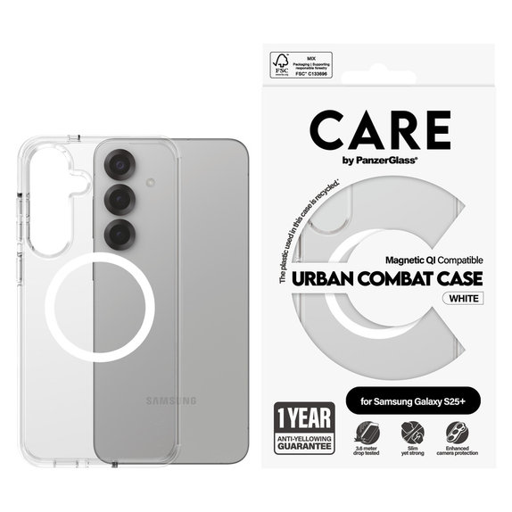 Caz Urban Combat cu QI alb pentru Samsung Galaxy S25+, Transparent, PanzerGlass