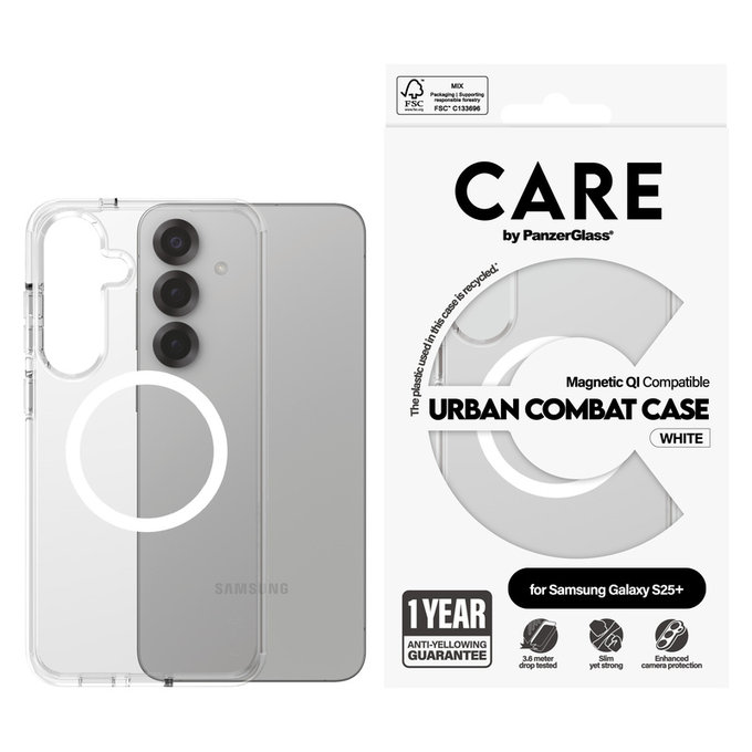 Caz Urban Combat cu QI alb pentru Samsung Galaxy S25+, Transparent, PanzerGlass