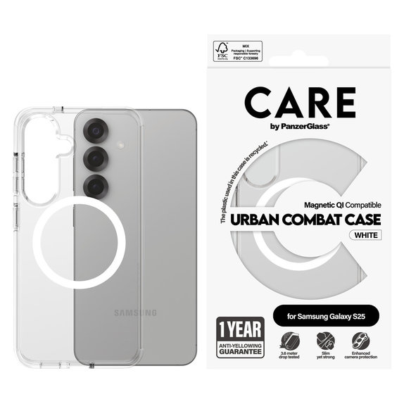 Caz Urban Combat cu QI alb pentru Samsung Galaxy S25, Transparent, PanzerGlass