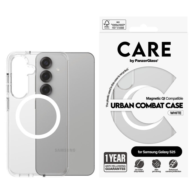 Caz Urban Combat cu QI alb pentru Samsung Galaxy S25, Transparent, PanzerGlass