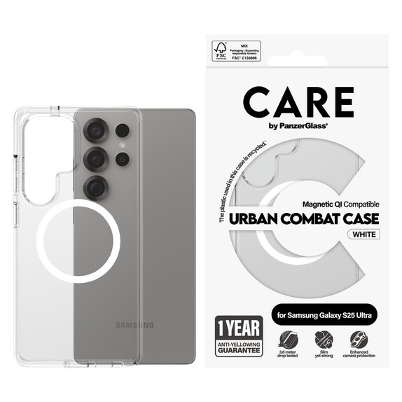 Caz Urban Combat cu QI alb pentru Samsung Galaxy S25 Ultra, Transparent, PanzerGlass