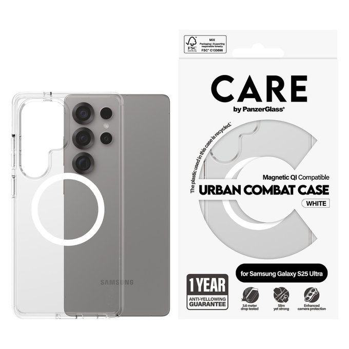 Caz Urban Combat cu QI alb pentru Samsung Galaxy S25 Ultra, Transparent, PanzerGlass
