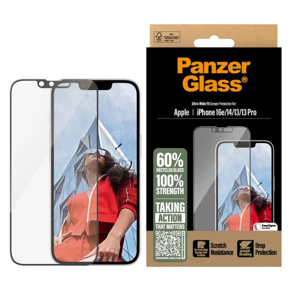 Sticlă securizată UWF cu aplicator pentru iPhone 17e/16e/14/13/13 Pro, Negru, PanzerGlass