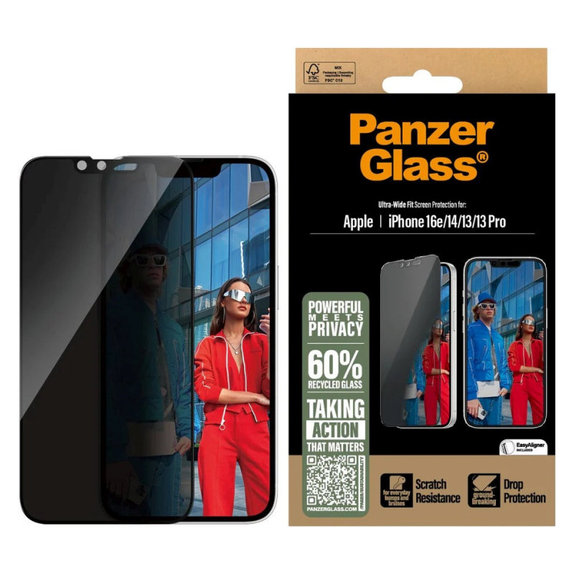 Sticlă securizată UWF Privacy cu aplicator pentru iPhone 17e/16e/14/13/13 Pro, Negru, PanzerGlass