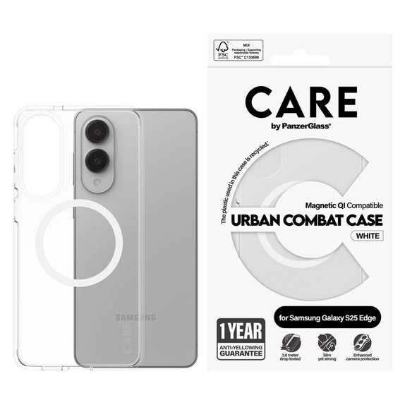 Caz Urban Combat cu QI alb pentru Samsung Galaxy S25 Edge, Transparent, PanzerGlass