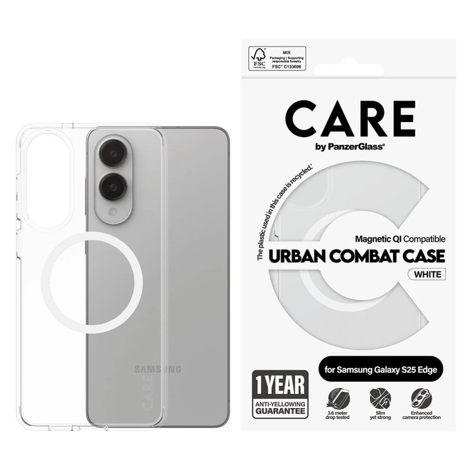 Caz Urban Combat cu QI alb pentru Samsung Galaxy S25 Edge, Transparent, PanzerGlass