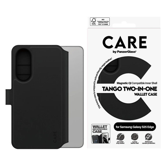 Caz Wallet Tango Two-In-One cu QI pentru Samsung Galaxy S25 Edge, Negru, PanzerGlass