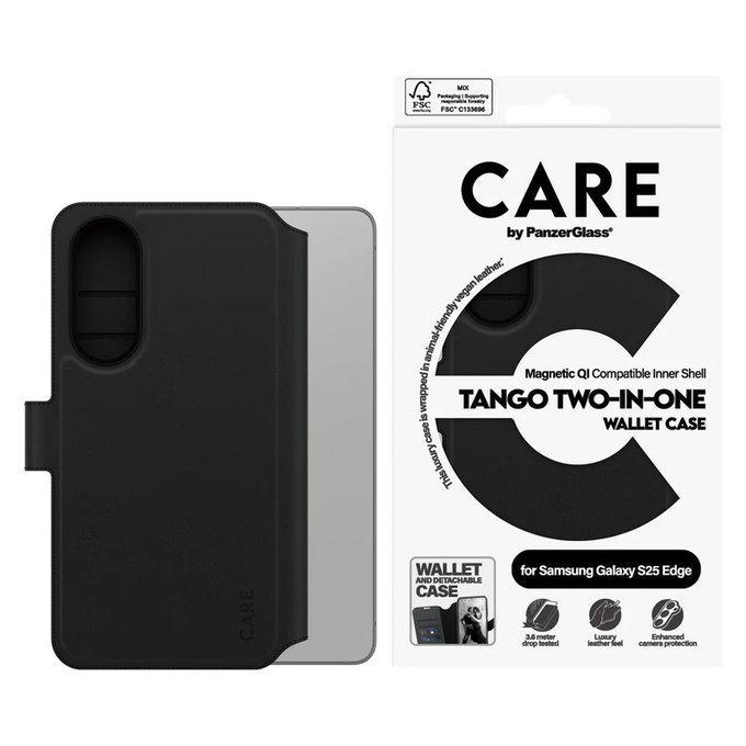 Caz Wallet Tango Two-In-One cu QI pentru Samsung Galaxy S25 Edge, Negru, PanzerGlass