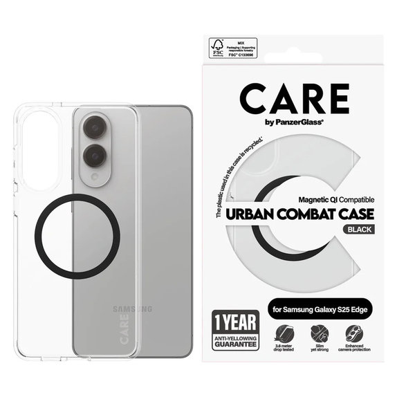 Caz Urban Combat cu QI negru pentru Samsung Galaxy S25 Edge, Transparent, PanzerGlass