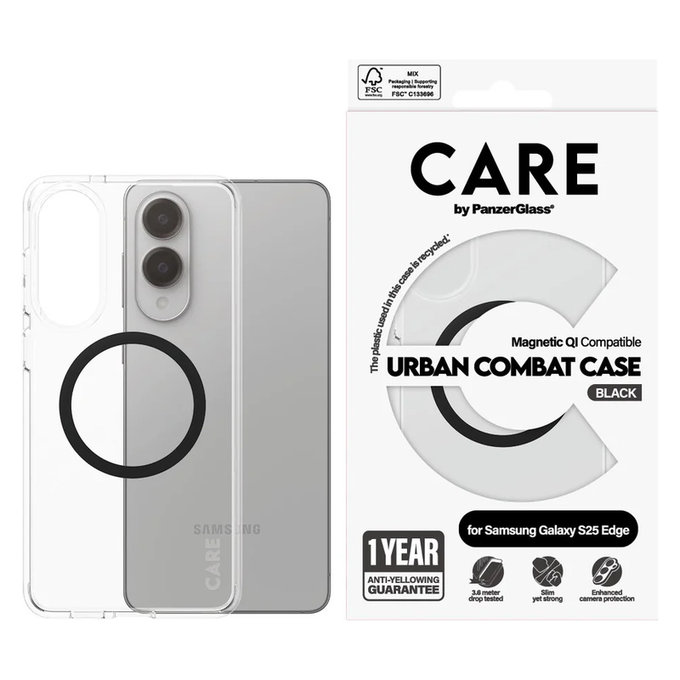 Caz Urban Combat cu QI negru pentru Samsung Galaxy S25 Edge, Transparent, PanzerGlass