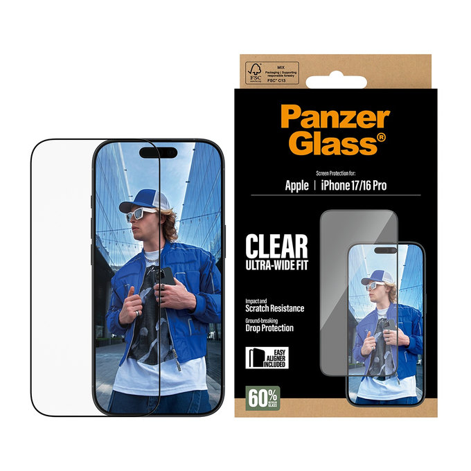 Sticlă securizată UWF cu aplicator pentru iPhone 17/16 Pro, Negru, PanzerGlass