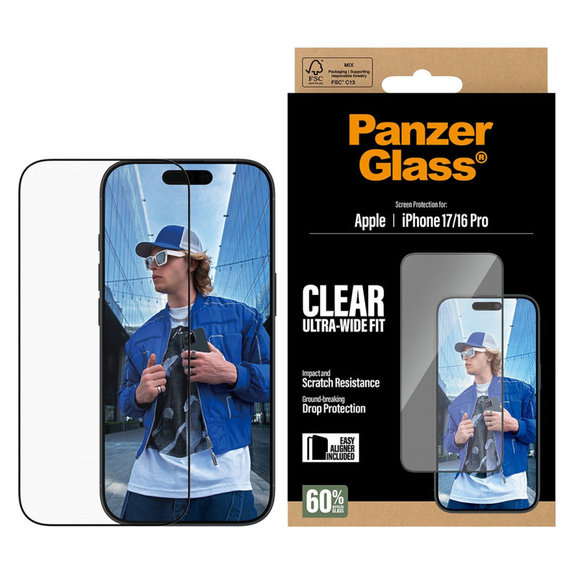 Sticlă securizată UWF cu aplicator pentru iPhone 17/16 Pro, Negru, PanzerGlass