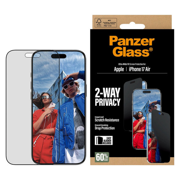 Sticlă securizată UWF 2-Way Privacy cu aplicator pentru iPhone 17 Air, Negru, PanzerGlass