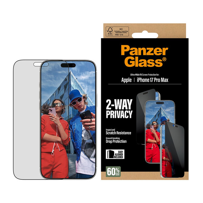 Sticlă securizată UWF 2-Way Privacy cu Fastfit pentru iPhone 17 Pro Max, Negru, PanzerGlass